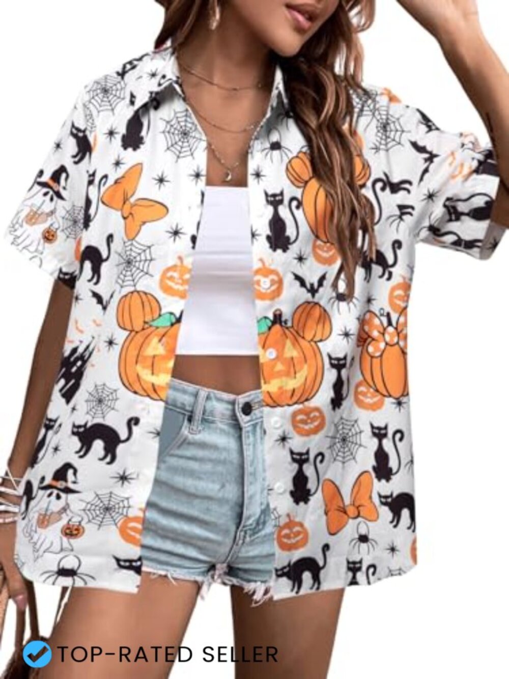 Women's Halloween Hawaiian Shirt Button Up Fun Tropical Print Top
